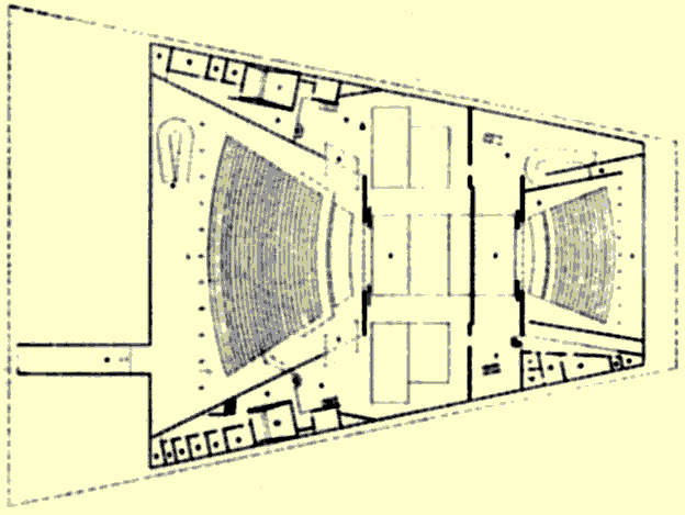 Planta baixa do Teatro Nacional de Brasília, com a disposição das salas Villa Lobos (esquerda) e Martins Pena