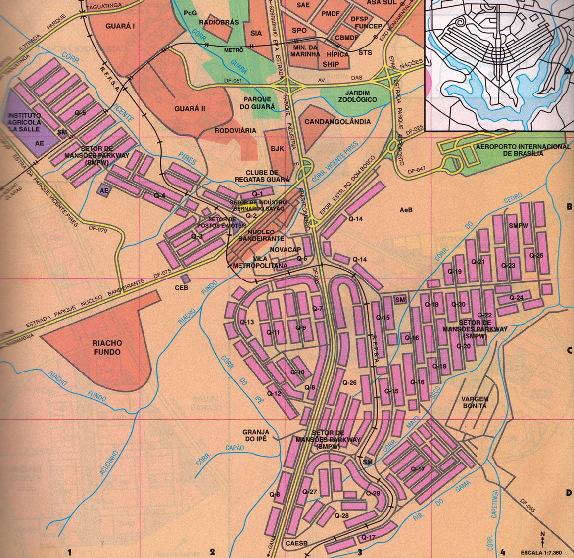 Mapa da distribuição do Setor de Mansões Park Way (SMPW) numa vasta faixa, da Estrada Parque Taguatinga (EPTG) até as proximidades do Aeroporto JK