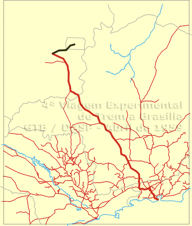 Mapa do percurso da 4ª Viagem Experimental de Trem a Brasília pela EFCB, RMV e EFG