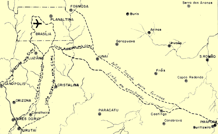 Mapa com diferentes traçados das ferrovias projetadas para a ligação com Brasília