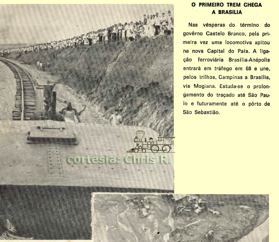 Locomotiva a vapor do Batalhão Ferroviário nos arredores de Brasília, em 1967, sobre trilhos ainda sem lastro