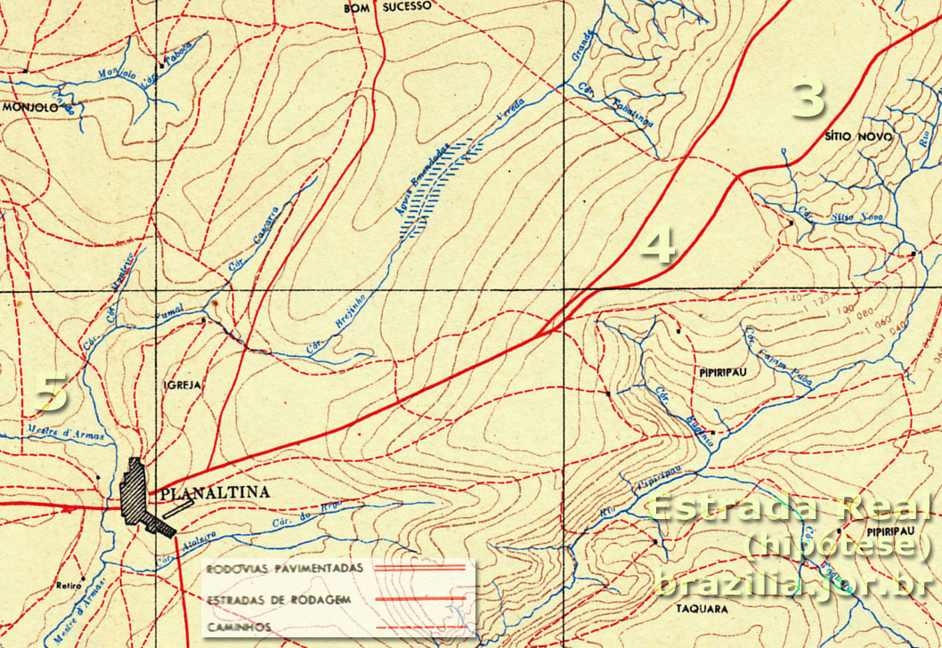 Segundo trecho da Estrada Real dos Goiases no atual Distrito Federal: (3) Sítio Novo; (4) Pipiripau; (5) Mestre dArmas.