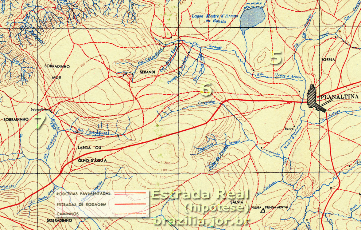 Terceiro trecho da Estrada Real dos Goiases no atual Distrito Federal: (5) Mestre dArmas; (6) Corguinho; (7) Sobradinho.