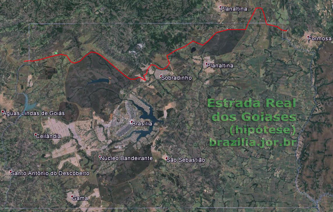 Provável percurso da Estrada Real dos Goiases ao norte de Brasília, no território do Distrito Federal