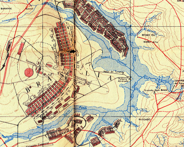 Mapa inicial de Brasília, com o leito dos rios represados para formar o lago Paranoá