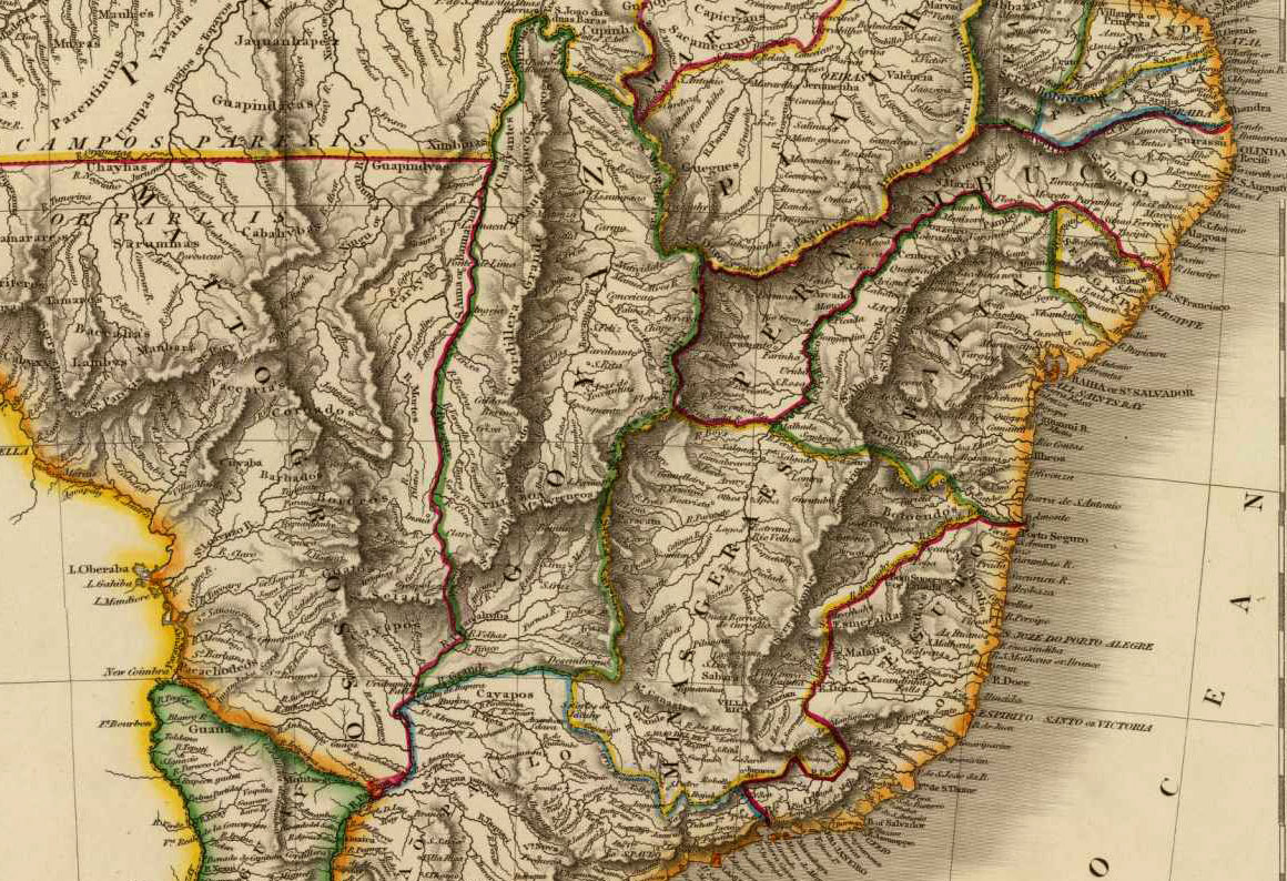 Mapa do Brasil  mostrando os antigos limites do Pernambuco com Minas e Goiás, próximo ao planalto central