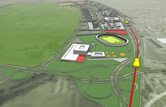 Maquete virtual (por computação gráfica) da Estação Onoyama do Metrô DF e sua localização em relação ao estádio Serejão