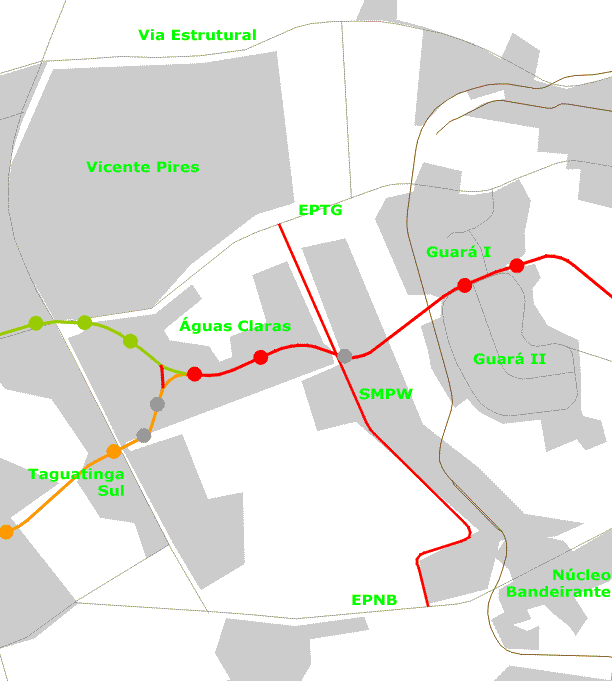 Localização da Estrada Parque Vicente Pires (EPVP), transversal aos trilhos do Metrô DF, ligando a Estrada Parque Taguatinga (EPTG) à Estrada Parque Núcleo Bandeirante (EPNB)