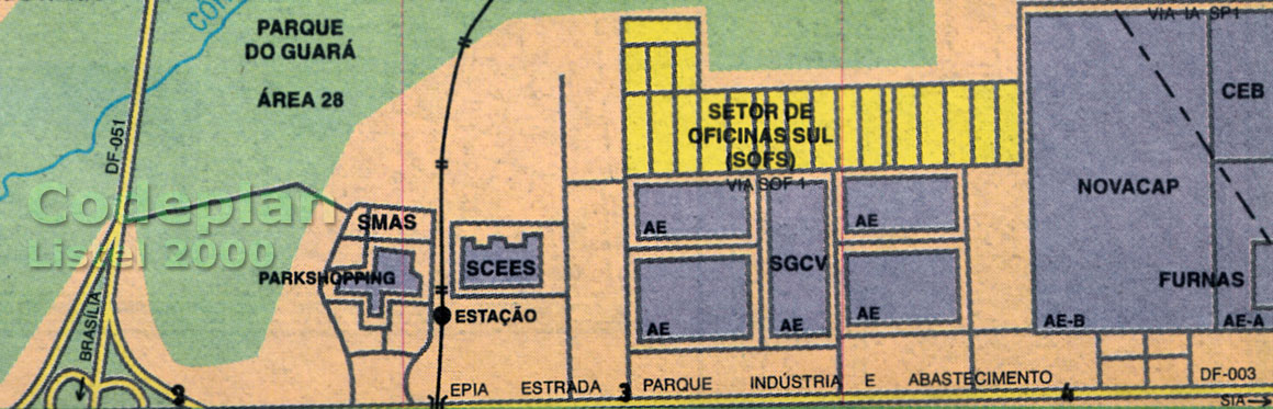 Indicação de uma estação do Metrô DF entre o Park Shopping e o Carrefour, nos mapas da Codeplan incluídos nos catálogos telefônicos há mais de dez anos