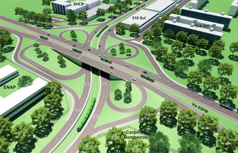 Concepção artística da passagem do VLT sob a pista do Setor Policial Sul para atingir a W-3 Sul