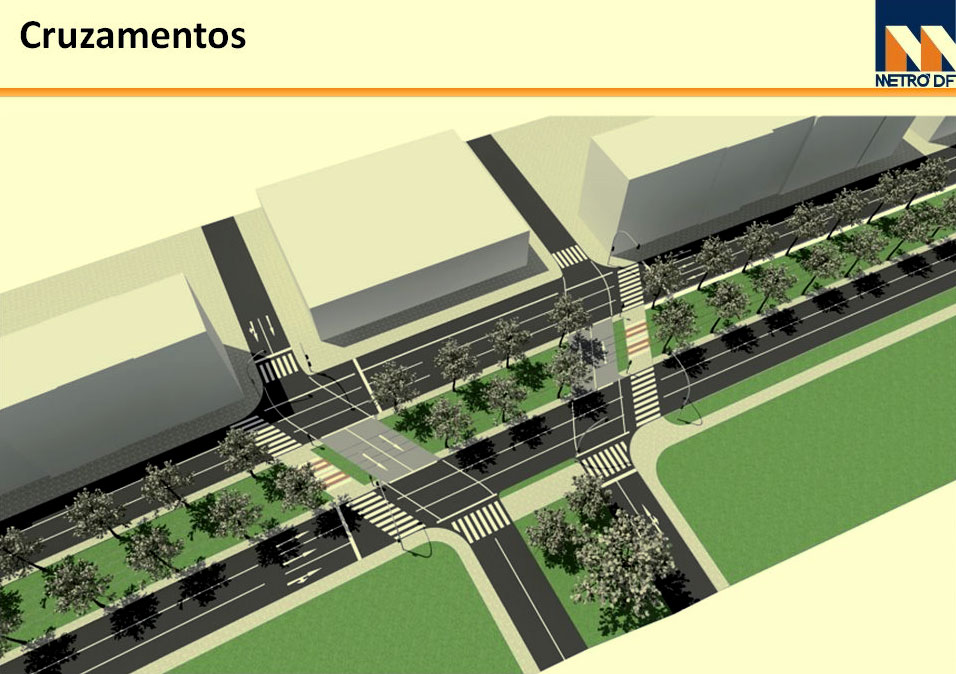 Maquete virtual dos trilhos do VLT em um cruzamento de vias transversais à Avenida W3