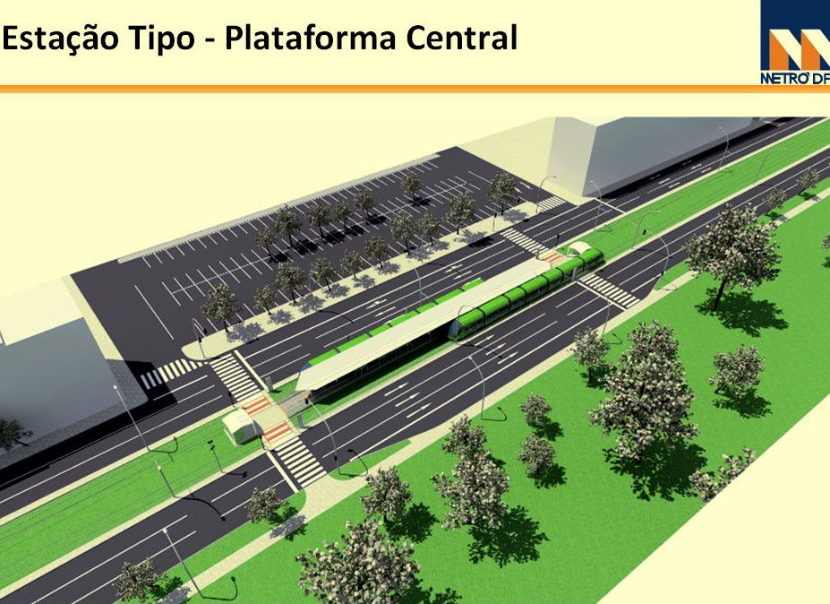 Maquete virtual de uma parada do VLT diante de entrequadra com estacionamento para automóveis