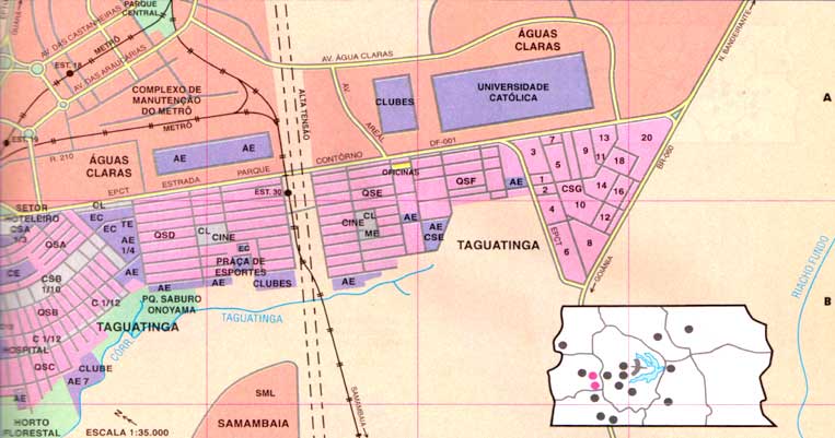 Traçado dos trilhos do Metrô de Brasília e sua estação no mapa de Taguatinga Sul