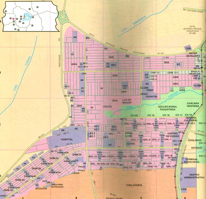 Trilhos e estações do Metrô de Brasília no mapa de Taguatinga centro e norte