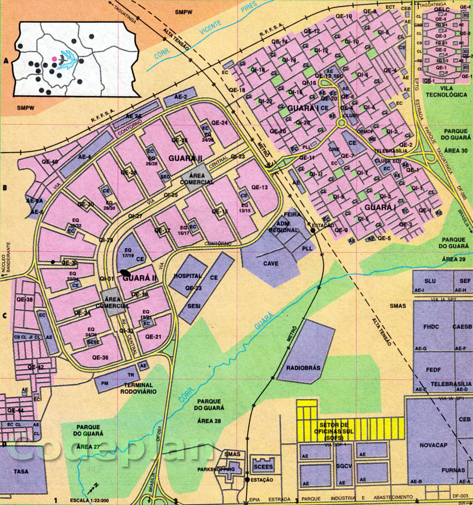 Localização dos trilhos e estações do Metrô de Brasília no mapa do Guará I e II