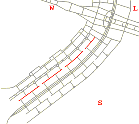 Mapa de localização da via W1 e suas interrupções ao longo das quadras residenciais 100 e 300 da Asa Sul