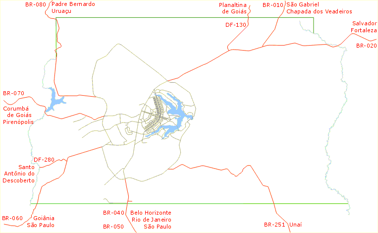 Mapa das principais rodovias de acesso ao Distrito Federal, Brasília, cidades satélites e Entorno do DF
