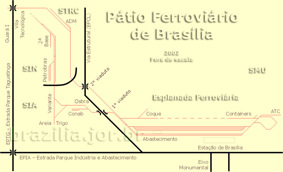 Distribuição dos trilhos do pátio ferroviário de Brasília