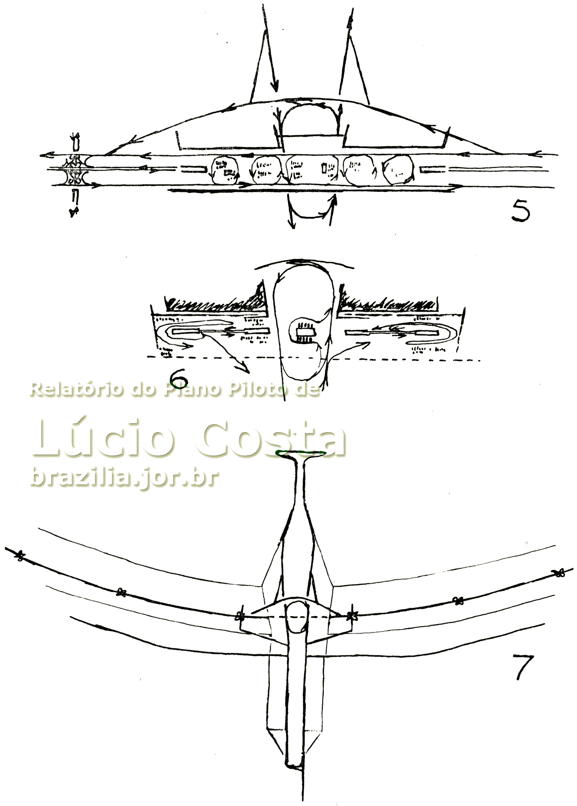 Croquis nº 5 a 7 do Plano Piloto de Lúcio Costa para a construção de Brasília