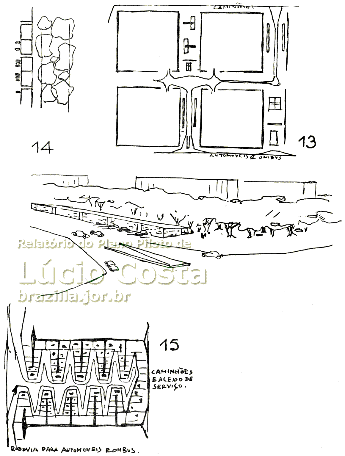 Croquis 13 a 15 do Plano Piloto de Lúcio Costa para a construção de Brasília