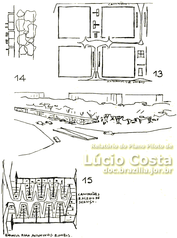 Croquis de Lúcio Costa para a moldura de arborização das Super-Quadras e a formação das Unidades de Vizinhança, com todos os equipamentos urbanos